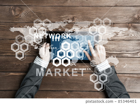 Business workplace with tablet device coffee cup and media user interface 85346401