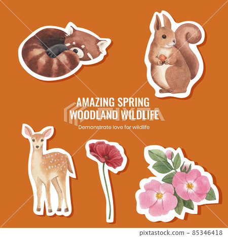 Sticker template with spring woodland wildlife concept,watercolor style Sticker template with spring woodland wildlife concept,watercolor style 85346418