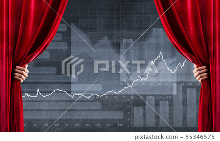 Graphs and diagrams behind drapery curtain and hand opening it Graphs and diagrams behind drapery curtain and hand opening it 85346575