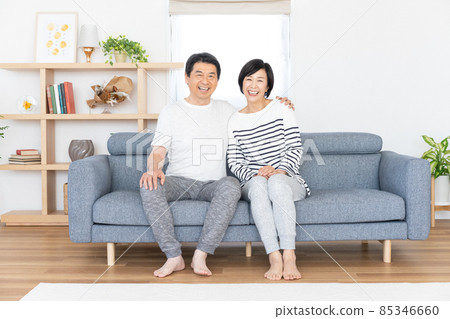 一對老夫婦坐在客廳沙發上的畫像 85346660