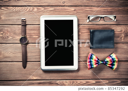 Hipster set on wooden table Hipster set on wooden table 85347292