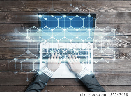 Business workplace with laptop and media connection concept Business workplace with laptop and media connection concept 85347488