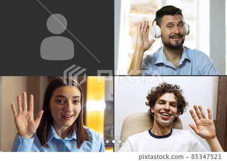 Collage of three people having online video call. Friends communication 85347521