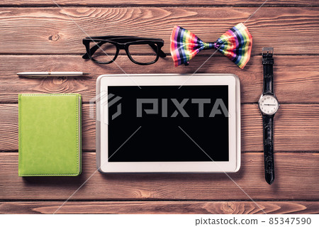 Hipster set on wooden table Hipster set on wooden table 85347590