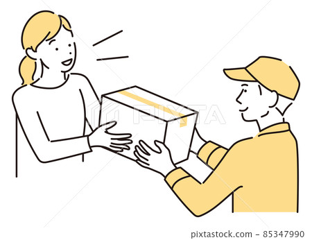 Simple illustration: A woman receiving a package from a deliveryman 85347990
