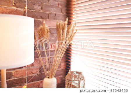 Trendy pampas flower. Bedroom interior design. Minimal bouquet Trendy pampas flower. Bedroom interior design. Minimal bouquet 85348463