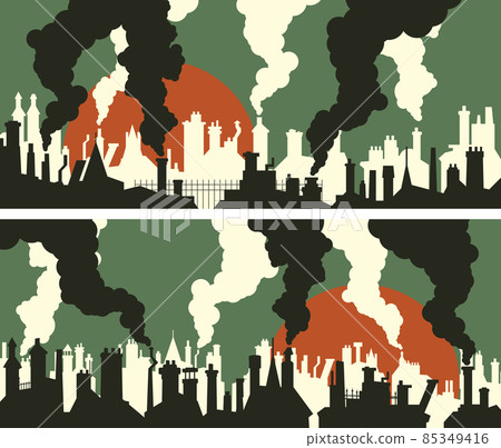 Set of vector horizontal banners of roofs with numerous chimneys. Set of vector horizontal banners of roofs with numerous chimneys. 85349416