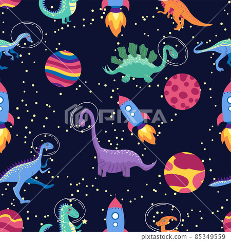 Dino in space seamless pattern. Cute dragon characters, dinosaur traveling galaxy with stars, planets. Kids cartoon background. Dino in space seamless pattern. Cute dragon characters, dinosaur traveling galaxy with stars, planets. Kids cartoon background. 85349559