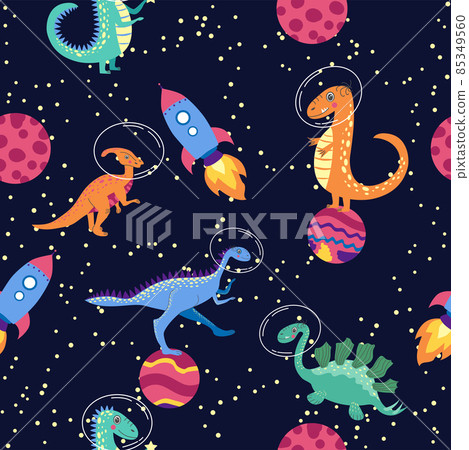 Dino in space seamless pattern. Cute dragon characters, dinosaur traveling galaxy with stars, planets. Kids cartoon background. Dino in space seamless pattern. Cute dragon characters, dinosaur traveling galaxy with stars, planets. Kids cartoon background. 85349560