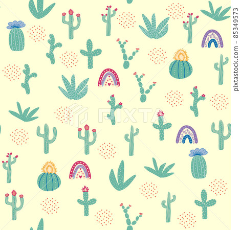 seamless pattern with different cactus. Bright repeated texture with green cacti. Natural hand drawing background with desert plants. 85349573