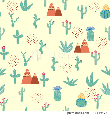 seamless pattern with different cactus. Bright repeated texture with green cacti. Natural hand drawing background with desert plants. 85349574