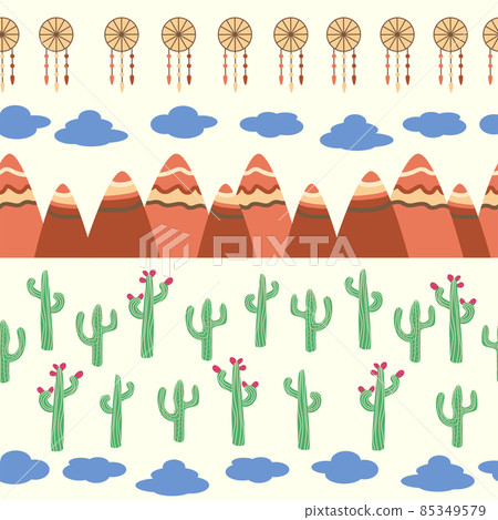 Vintage beautiful seamless desert pattern illustration. Landscape with a cactus, mountains, clouds, dreamcatcher 85349579