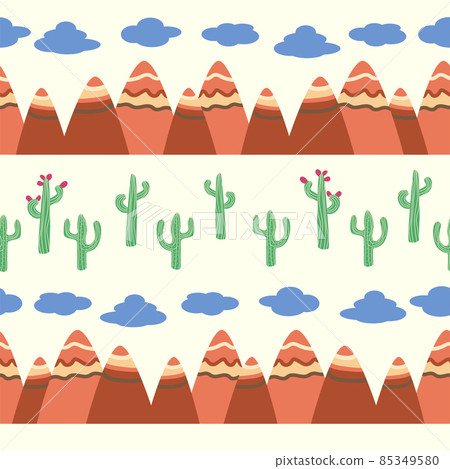 Vintage beautiful seamless desert pattern illustration. Landscape with a cactus, mountains, clouds, dreamcatcher Vintage beautiful seamless desert pattern illustration. Landscape with a cactus, mountains, clouds, dreamcatcher 85349580