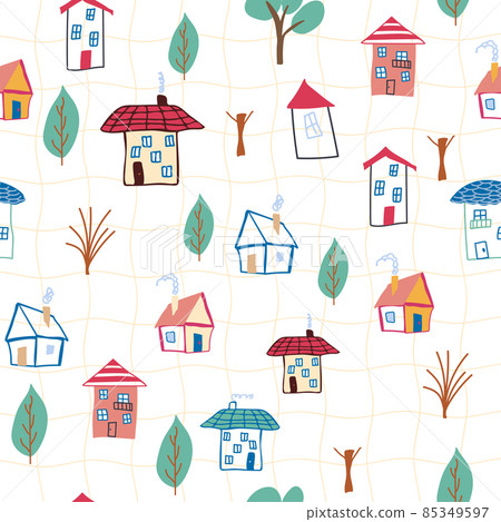 Pattern seamless kids with home doodle coloring element. house pattern, cute colorful homes, funny children decor 85349597