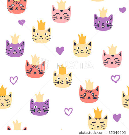 Seamless cat princess pattern. Cute princess cats seamless pattern, little kitty. Girlish print for textiles 85349603