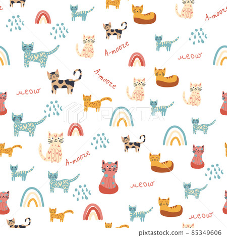Seamless childish pattern with funny colorful cats and rainbows. Creative scandinavian kids texture. Meow inscription 85349606