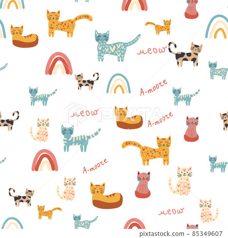 Seamless childish pattern with funny colorful cats and rainbows. Creative scandinavian kids texture. Meow inscription 85349607