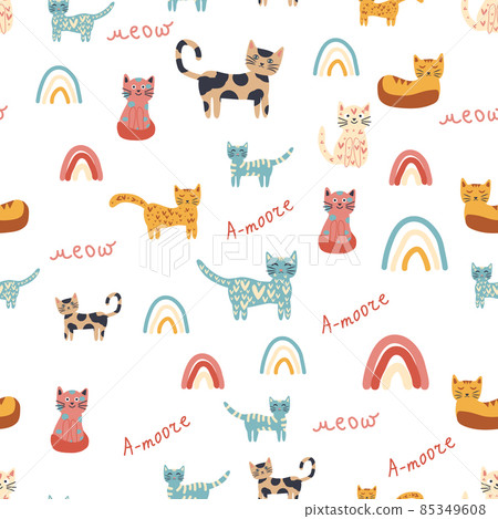 Seamless childish pattern with funny colorful cats and rainbows. Creative scandinavian kids texture. Meow inscription 85349608