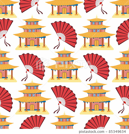 Cartoon chinese house seamless pattern. Chinese symbols of the coin with hieroglyphs, yin-yang, red fan, lanterns. Traditional signs Cartoon chinese house seamless pattern. Chinese symbols of the coin with hieroglyphs, yin-yang, red fan, lanterns. Traditional signs 85349634