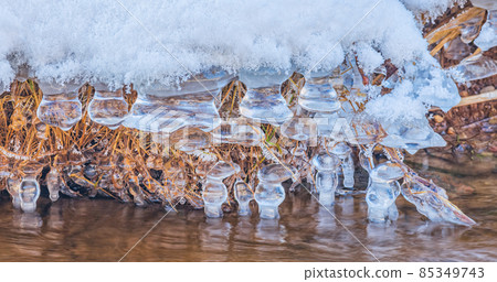 Tree branches with icicles over the water in the river. Natural landscape. Winter. Background image. Tree branches with icicles over the water in the river. Natural landscape. Winter. Background image. 85349743
