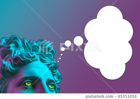 Collage with sculpture of human face in a pop art style. Creative concept image with statue head and comics bubble. Zine culture. Contemporary art poster. Comics design. Funky minimalism. Copy space. Collage with sculpture of human face in a pop art style. Creative concept image with statue head and comics bubble. Zine culture. Contemporary art poster. Comics design. Funky minimalism. Copy space. 85351058