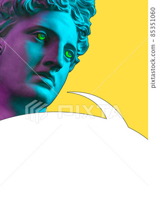Collage with sculpture of human face in a pop art style. Creative concept image with statue head and comics bubble. Zine culture. Contemporary art poster. Comics design. Funky minimalism. Copy space. Collage with sculpture of human face in a pop art style. Creative concept image with statue head and comics bubble. Zine culture. Contemporary art poster. Comics design. Funky minimalism. Copy space. 85351060