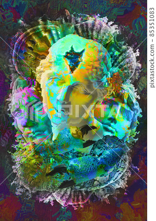 Modern creative image with ancient statue head and sea shells. Collage with sculpture faces and seashells in surreal style. Contemporary art poster. Wallpaper mockup template design. Marine mythology. 85351083