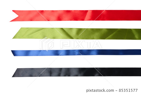 set of multicolored silk ribbons on abel background. View from above set of multicolored silk ribbons on abel background. View from above 85351577