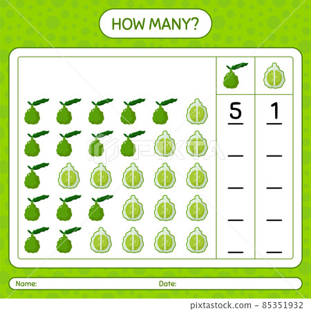 How many counting game with kaffir lime worksheet for preschool kids, kids activity sheet, printable worksheet 85351932