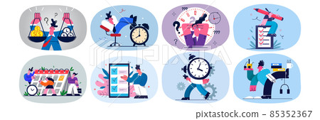 Collection of businesspeople meet deadline multitask at workplace  85352367