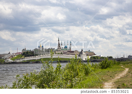 Kazan Kremlin in summer, Tatarstan, Russia. It is top landmark of Kazan. Scenic panorama of white fortress at sunset. Kazan Kremlin in summer, Tatarstan, Russia. It is top landmark of Kazan. Scenic panorama of white fortress at sunset. 85353021