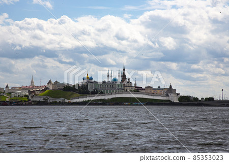 Kazan Kremlin in summer, Tatarstan, Russia. It is top landmark of Kazan. Scenic panorama of white fortress at sunset. Kazan Kremlin in summer, Tatarstan, Russia. It is top landmark of Kazan. Scenic panorama of white fortress at sunset. 85353023