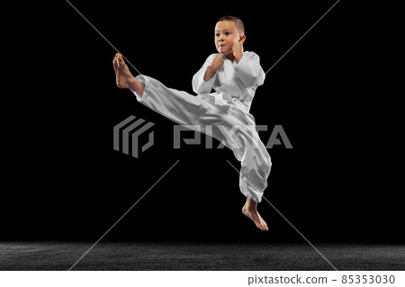 Dynamic portrait of little boy, young karate jumping isolated over white background. Concept of sport, education, skills Dynamic portrait of little boy, young karate jumping isolated over white background. Concept of sport, education, skills 85353030