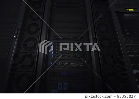 Data Center With Multiple Rows of Fully Operational Server Racks. Modern Telecommunications, Cloud Computing, Artificial Intelligence, Database, Supercomputer Technology Concept. Data Center With Multiple Rows of Fully Operational Server Racks. Modern Telecommunications, Cloud Computing, Artificial Intelligence, Database, Supercomputer Technology Concept. 85353827