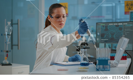 Woman biologist using micro pipette with test tube and beaker Woman biologist using micro pipette with test tube and beaker 85354265