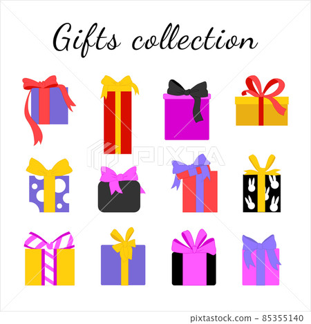 Colorful gift boxes with ribbon bows. Vector present package in bright colors wrapping and different forms. Surprise, winter holidays design symbol in flat style 85355140