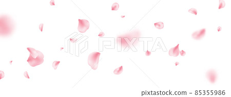 Flower petal flying background. Sakura spring blossom on long banner. Pink rose composition. Beauty Spa product frame. Valentine romantic card. Light delicate pastel design. Vector illustration 85355986