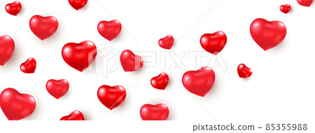 Red hearts wave on long banner. Celebration background. Realistic balloons shape heart frame. Happy Valentine's Day greeting card. Luxury party border. Wedding decoration. Vector illustration Red hearts wave on long banner. Celebration background. Realistic balloons shape heart frame. Happy Valentine's Day greeting card. Luxury party border. Wedding decoration. Vector illustration 85355988