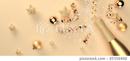 Champagne bottle with Christmas ornaments - 3D 85356408