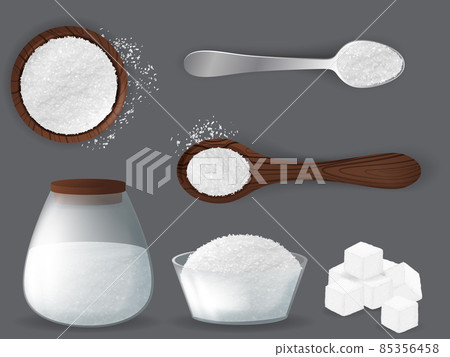 White sugar set with piles and cubes realistic. White grain sugar in spoon, pile top and side views. Sweet fructose seasoning vector set 85356458