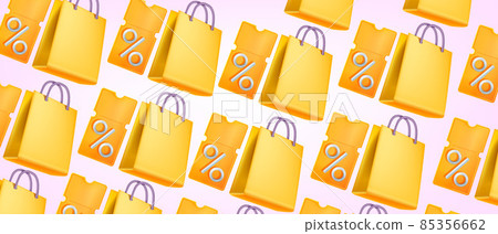 3D discount coupon banner, yellow shopping bag, vector special offer flying voucher, online sale  85356662