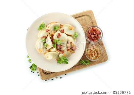 Concept of tasty food with vareniki or pierogi isolated on white background 85356771