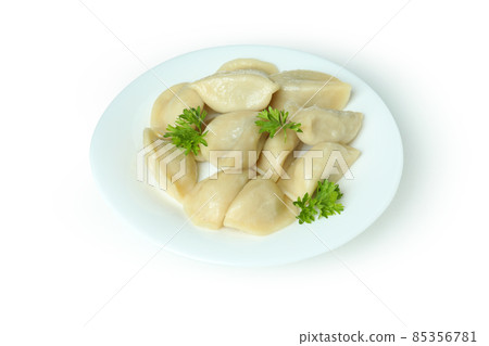 Plate of vareniki or pierogi isolated on white background 85356781