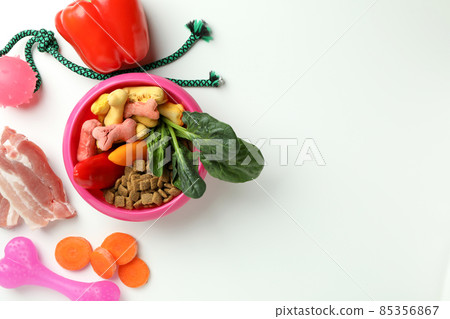 Concept of organic pet food on white background Concept of organic pet food on white background 85356867