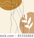 Sketch of nude woman. Continuous line drawing. Fashion concept, woman beauty minimalist with geometric doodle Abstract elements pastel colors. One line continuous drawing vector illustration 85356868