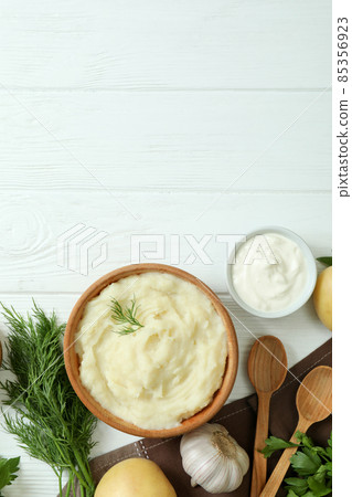 Concept of tasty eating with mashed potatoes on white wooden table 85356923