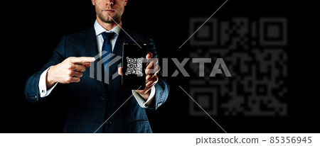 Code scan icon. Digital mobile smart phone with qr code scanner on smartphone screen for payment pay, scan barcode technology on black background. Online bill payment concept. Code scan icon. Digital mobile smart phone with qr code scanner on smartphone screen for payment pay, scan barcode technology on black background. Online bill payment concept. 85356945