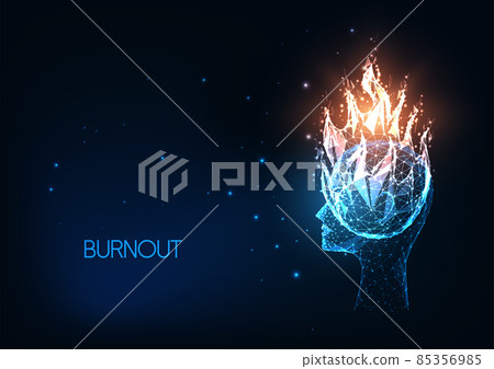 Futuristic burnout, stress concept with glowing low polygonal human head and fire isolated on dark blue 85356985