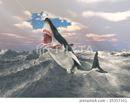 Great white shark leaping out of the water 85357101