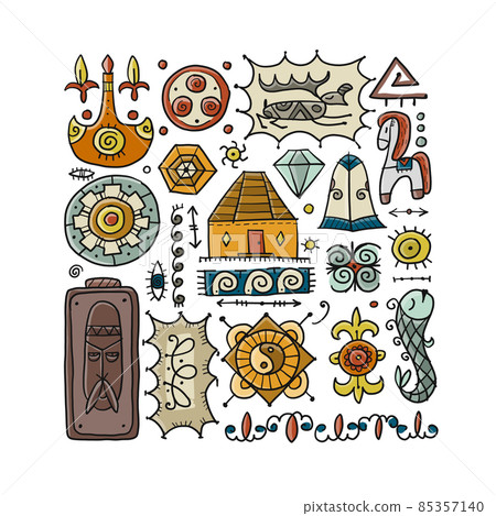 Traditional design elements of middle Asia for decoration of yurts. Nomadic ornament. 85357140